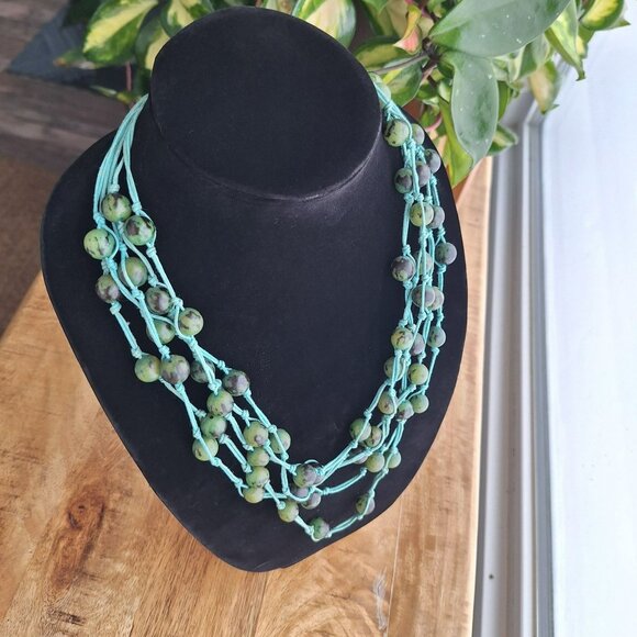 Handcrafted Multi Strand Necklace Green Beads‎ Blue Cord - Picture 1 of 6